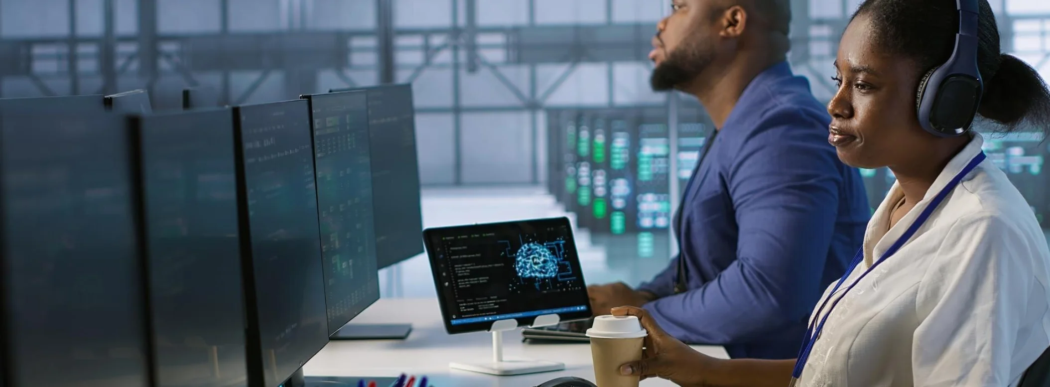 Professional working at a laptop in a technology workspace